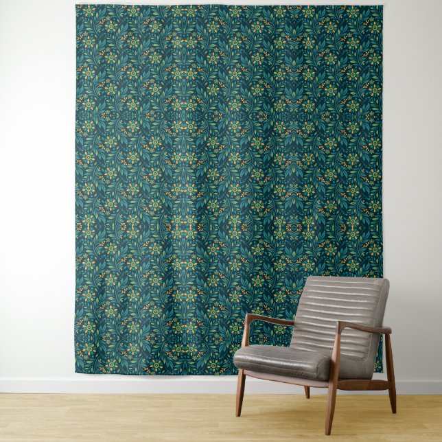 Elegant Yellow and Teal Floral Pattern Design Tapestry (In Situ)