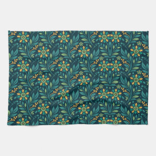 Elegant Yellow and Teal Floral Pattern Design Tea Towel