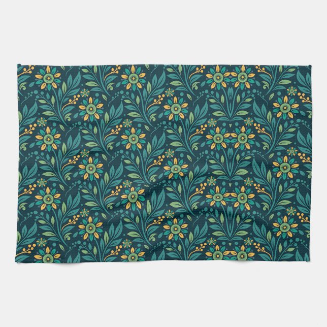 Elegant Yellow and Teal Floral Pattern Design Tea Towel (Horizontal)