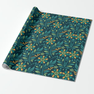 Elegant Yellow and Teal Floral Pattern Design Wrapping Paper