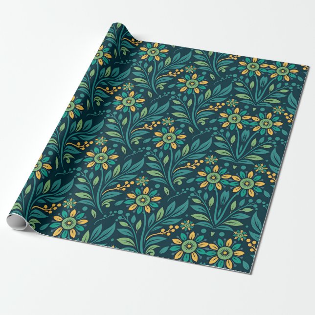 Elegant Yellow and Teal Floral Pattern Design Wrapping Paper (Unrolled)