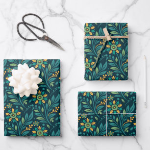 Elegant Yellow and Teal Floral Pattern Design Wrapping Paper Sheet