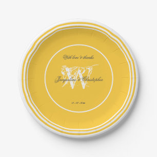 Elegant Yellow And White Chic Monogram Wedding  Paper Plate