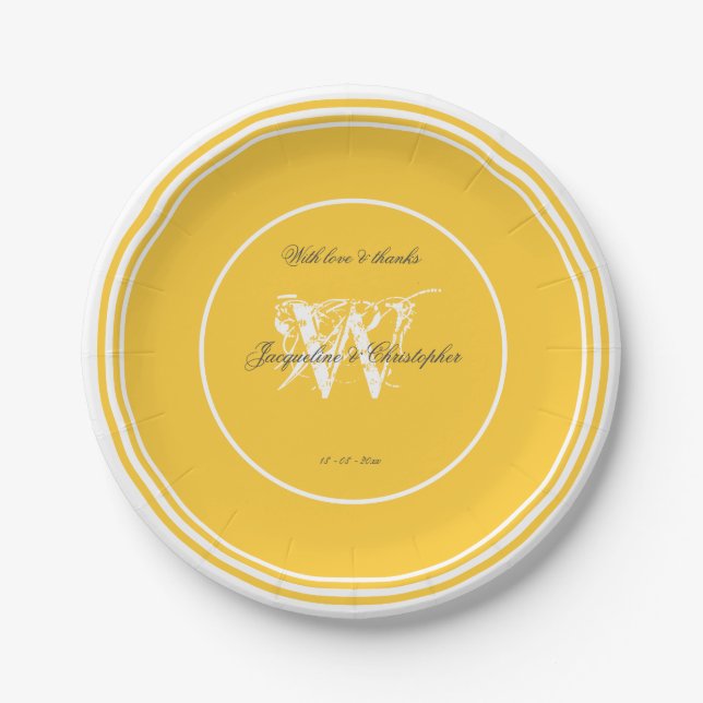 Elegant Yellow And White Chic Monogram Wedding  Paper Plate (Front)