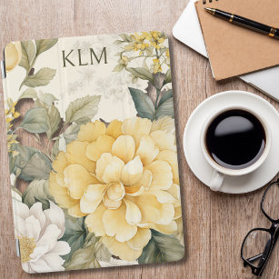 Elegant Yellow and White Floral Monogram iPad Air Cover