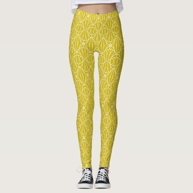 Elegant Yellow Art Deco Pattern with Diamond Motif Leggings (Front)