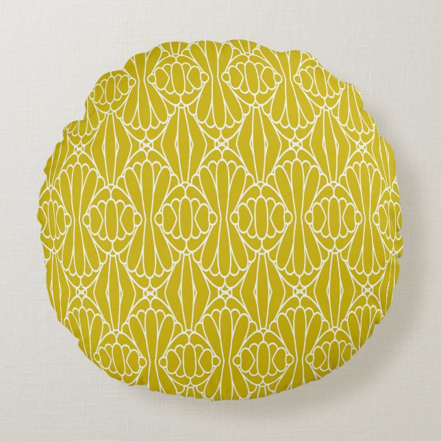 Elegant Yellow Art Deco Pattern with Diamond Motif Round Cushion (Front)
