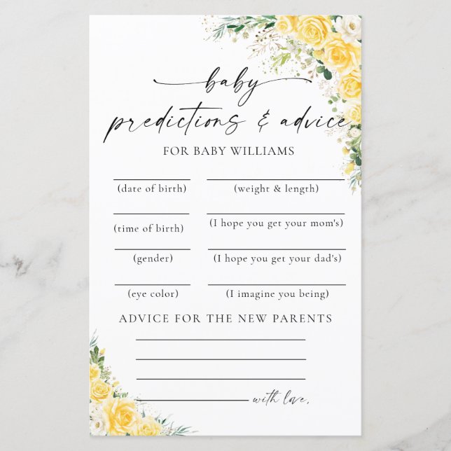 Elegant Yellow Baby Shower Predictions Card (Front)