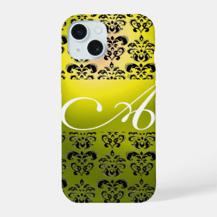 ELEGANT YELLOW BLACK DAMASK MONOGRAM iPhone 15 CASE