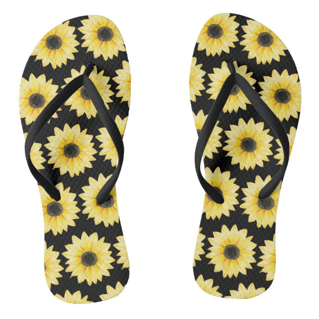 Elegant Yellow Black Sunflower Watercolor Pattern Flip Flops (Footbed)