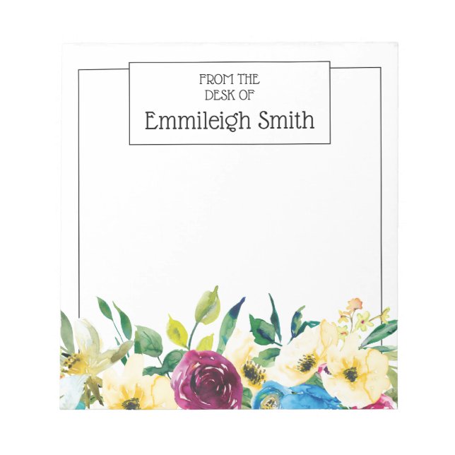 Elegant Yellow Blue Burgundy Watercolor Floral Notepad (Front)