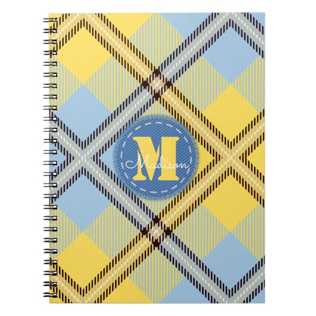 Elegant Yellow Blue Tartan Jeans Monogram Script Notebook (Front)