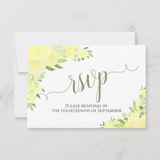 Elegant Yellow Boho Floral Calligraphy Wedding RSVP Card (Front)