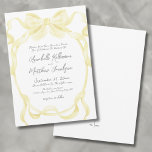 Elegant Yellow Bow Ribbons Whimsical Wedding Invitation<br><div class="desc">Butter Yellow Ribbon Wedding Invitation. Set the stage for a timeless and elegant celebration with this classic vintage-inspired design. A delicate butter yellow watercolor bow with flowing ribbons gracefully frames the invitation, lending an air of understated sophistication and old-world charm. The wedding details are elegantly showcased within a subtle oval...</div>