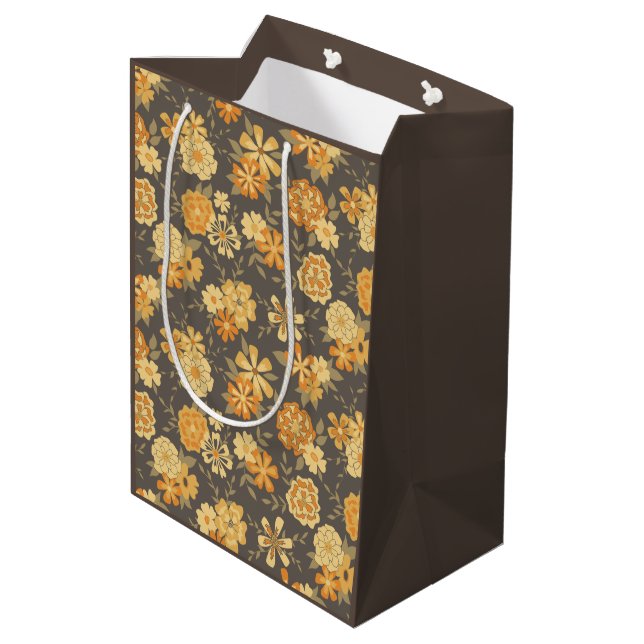 Elegant Yellow Brown Botanical Pattern Gift Medium Gift Bag (Back Angled)