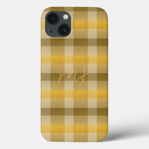Elegant Yellow Brown Plaid Pattern Monogrammed iPhone 13 Case