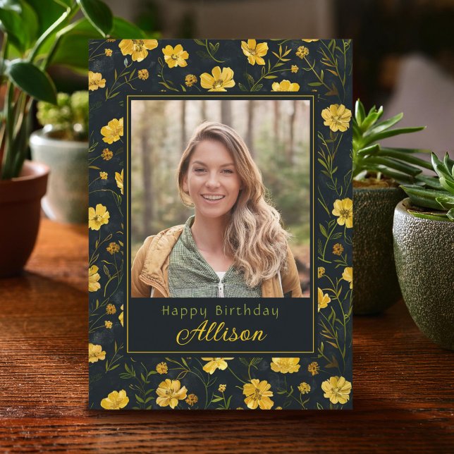 Elegant Yellow Buttercup Flower Photo Birthday Card (Creator Uploaded)