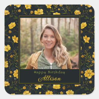 Elegant Yellow Buttercup Flower Photo Birthday Square Sticker