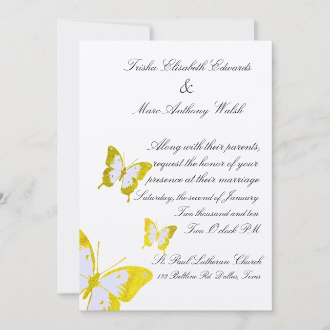 Elegant yellow Butterflies Wedding Invitation (Front)