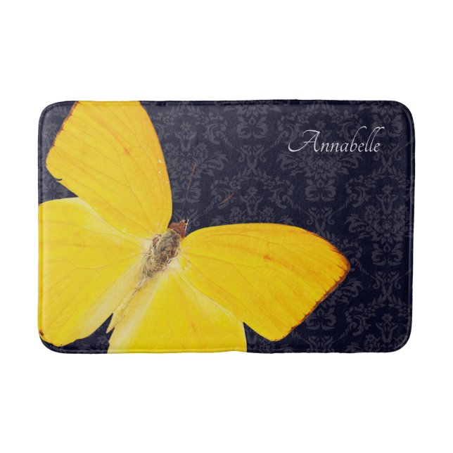 Elegant Yellow Butterfly Black Damask Add Name Bat Bath Mat (Front)