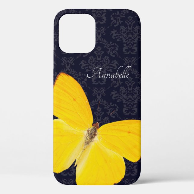 Elegant Yellow Butterfly Black Damask Add Name Case-Mate iPhone Case (Back)