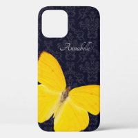 Elegant Yellow Butterfly Black Damask Add Name