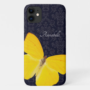 Elegant Yellow Butterfly Black Damask Add Name iPhone 11 Case