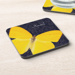 Elegant Yellow Butterfly Black Damask Add Name Coaster