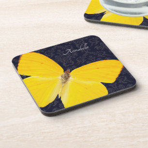 Elegant Yellow Butterfly Black Damask Add Name Coaster