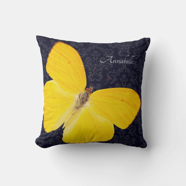 Elegant Yellow Butterfly Black Damask Add Name Cushion (Front)