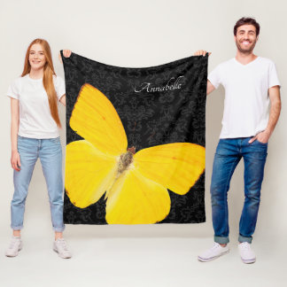 Elegant Yellow Butterfly Black Damask Add Name Fleece Blanket