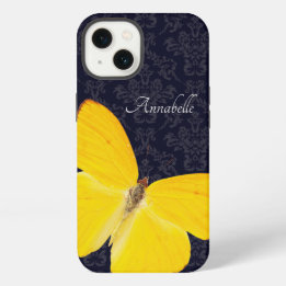 Elegant Yellow Butterfly Black Damask Add Name iPhone 13 Case