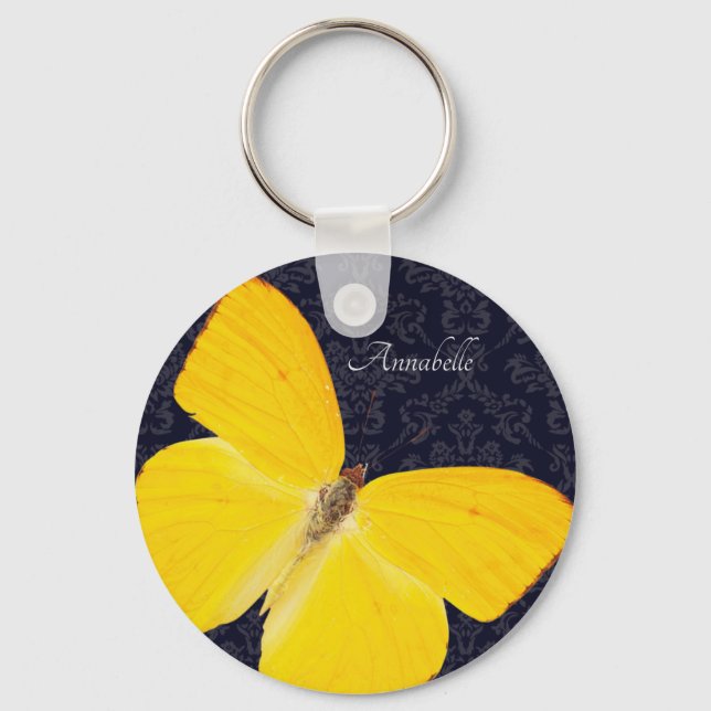 Elegant Yellow Butterfly Black Damask Add Name Key Ring (Front)