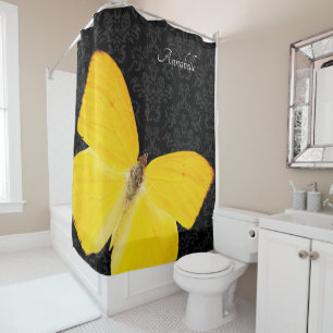 Elegant Yellow Butterfly Black Damask Add Name Shower Curtain