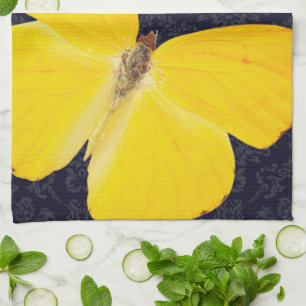 Elegant Yellow Butterfly Black Damask Add Name Tea Towel