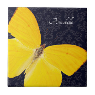 Elegant Yellow Butterfly Black Damask Add Name Tile