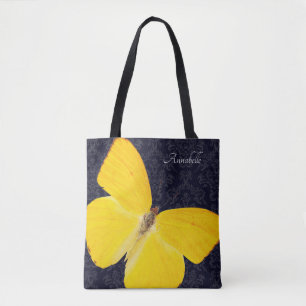 Elegant Yellow Butterfly Black Damask Add Name Tote Bag