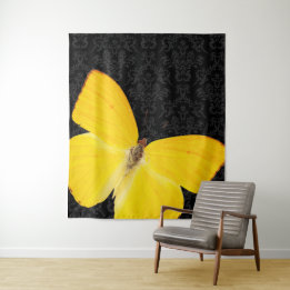 Elegant Yellow Butterfly Black Damask Tapestry