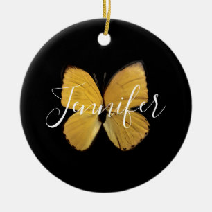 Elegant Yellow Butterfly Script Personalised Ceramic Tree Decoration