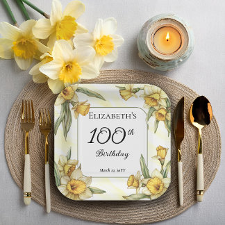 Elegant Yellow Daffodils Floral 100th Birthday Paper Plate
