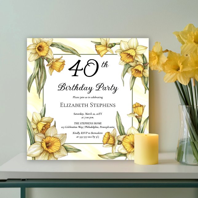 Elegant Yellow Daffodils Floral 40th Birthday Invitation (Elegant Yellow Daffodils Floral 40th Birthday Party Invitation -- Print | Download)