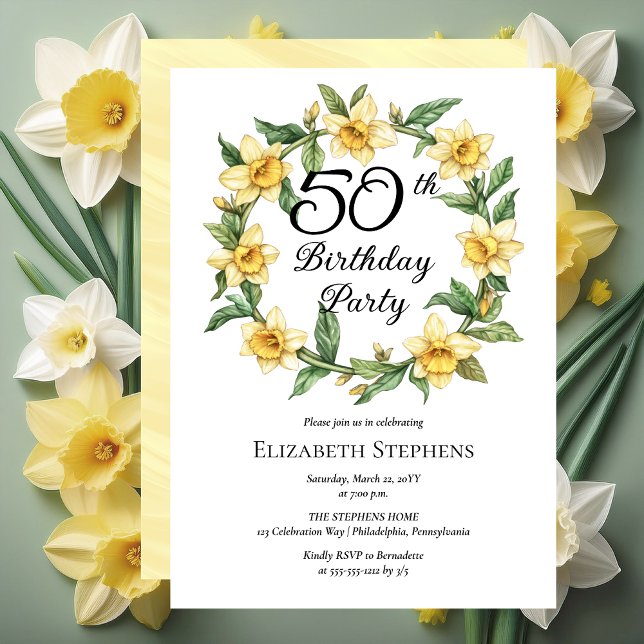 Elegant Yellow Daffodils Floral 50th Birthday Invitation (Elegant Yellow Daffodils Floral 50th Birthday Party Invitation -- Print | Download)