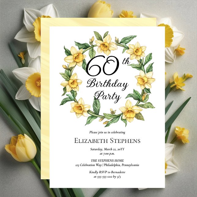 Elegant Yellow Daffodils Floral 60th Birthday Invitation (Elegant Yellow Daffodils Floral 60th Birthday Party Invitation -- Print | Download)