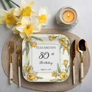 Elegant Yellow Daffodils Floral 80th Birthday Paper Plate