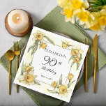 Elegant Yellow Daffodils Floral 90th Birthday Napkin<br><div class="desc">Elegant yellow daffodils floral design "90th Birthday" design featuring a floral square frame of daffodils surrounding a white and green frame on a distressed yellow and white background.</div>