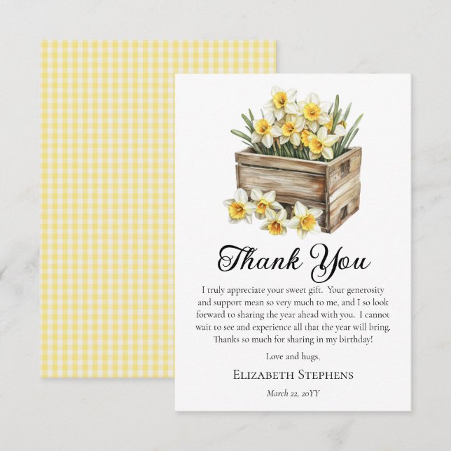 Elegant Yellow Daffodils Floral Crate Birthday Thank You Card (Front/Back)