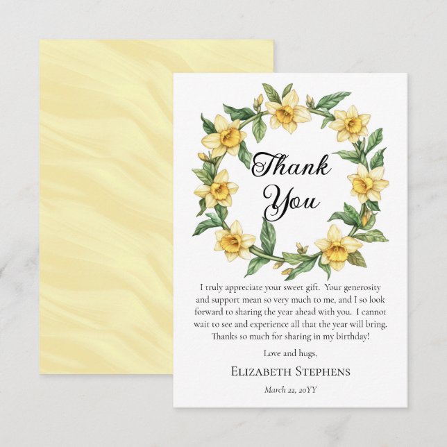 Elegant Yellow Daffodils Floral Wreath Birthday Thank You Card (Front/Back)