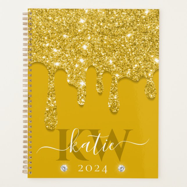 Elegant Yellow Dripping Glitter Monogram Planner (Front)