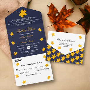 Elegant Yellow Fall Leaves Blue Floral Wedding All In One Invitation