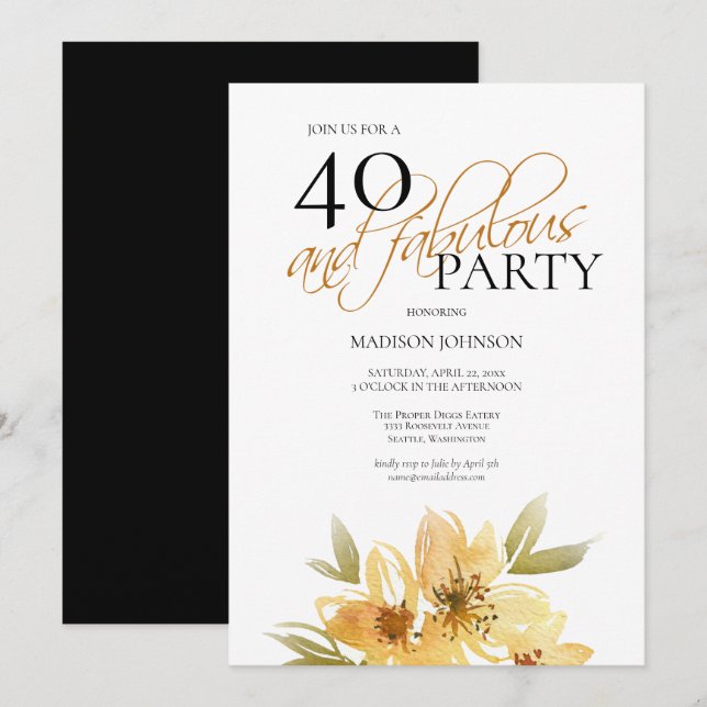 Elegant Yellow Floral 40 and Fabulous Birthday Invitation (Front/Back)